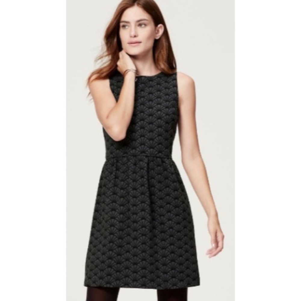 Loft Gray Cotton Blend Twill Black Fan Print Ft Flare Mini Dress 2 Sleeveless